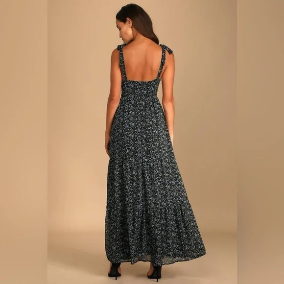 Lulu’s Glad to Meet You Black Floral Print Tie-Strap Tiered Maxi Dress sundress - Picture 3 of 10